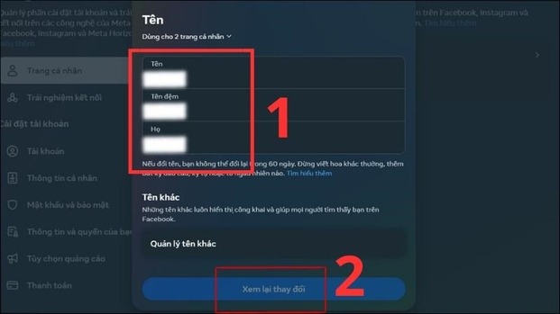 Điền tên mong muốn và ấn lưu để hoàn tất đổi tên Facebook trên máy tính