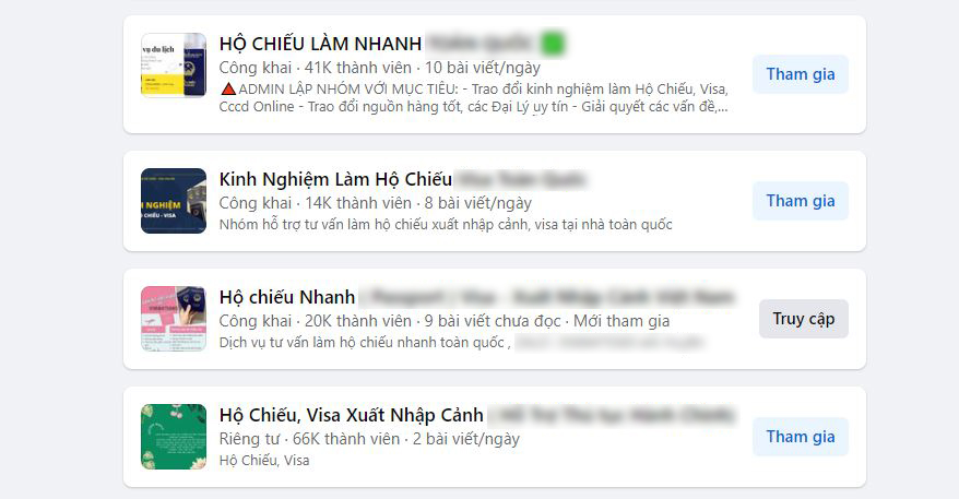 Nhiều hội nhóm làm hộ chiếu thu hút hàng chục nghìn thành viên trên Facebook. Ảnh chụp màn hình