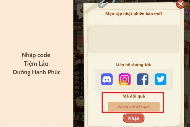 Nhập giftcode Tiệm Lẩu Đường Hạnh Phúc ở ô Mã đổi quà.