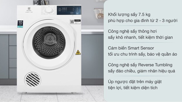 Máy sấy quần áo Electrolux 7.5 kg EDV754H3WB Trắng sở hữu công nghệ ColourCare giữ quần áo luôn mới và giảm phai màu tới 80%