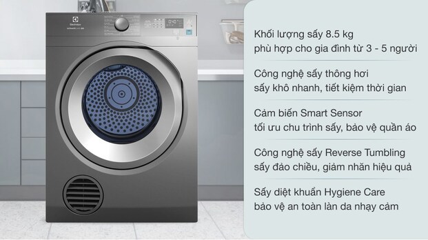 Máy sấy quần áo Electrolux EDS854N3SB được trang bị tính năng khóa trẻ em, mang lại hiệu quả an toàn tuyệt đối cho trẻ nhỏ