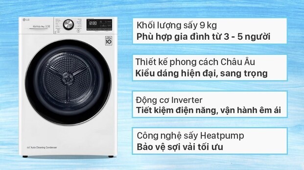 Máy sấy quần áo LG DVHP09W có khả năng sấy khô lên đến 9kg quần áo một lần