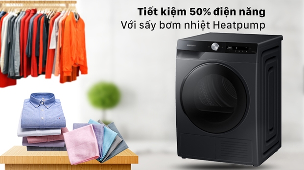 Máy sấy bơm nhiệt Samsung Inverter 9 kg sở hữu công nghệ sấy bơm nhiệt Heatpump giúp tiết kiệm 50% điện năng