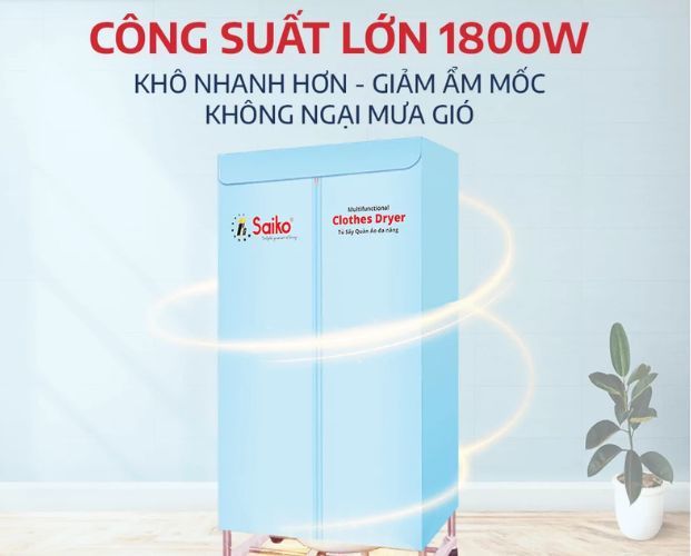 Tủ sấy Saiko CD-1800 có công suất lớn giúp hong khô quần áo trong thời gian ngắn