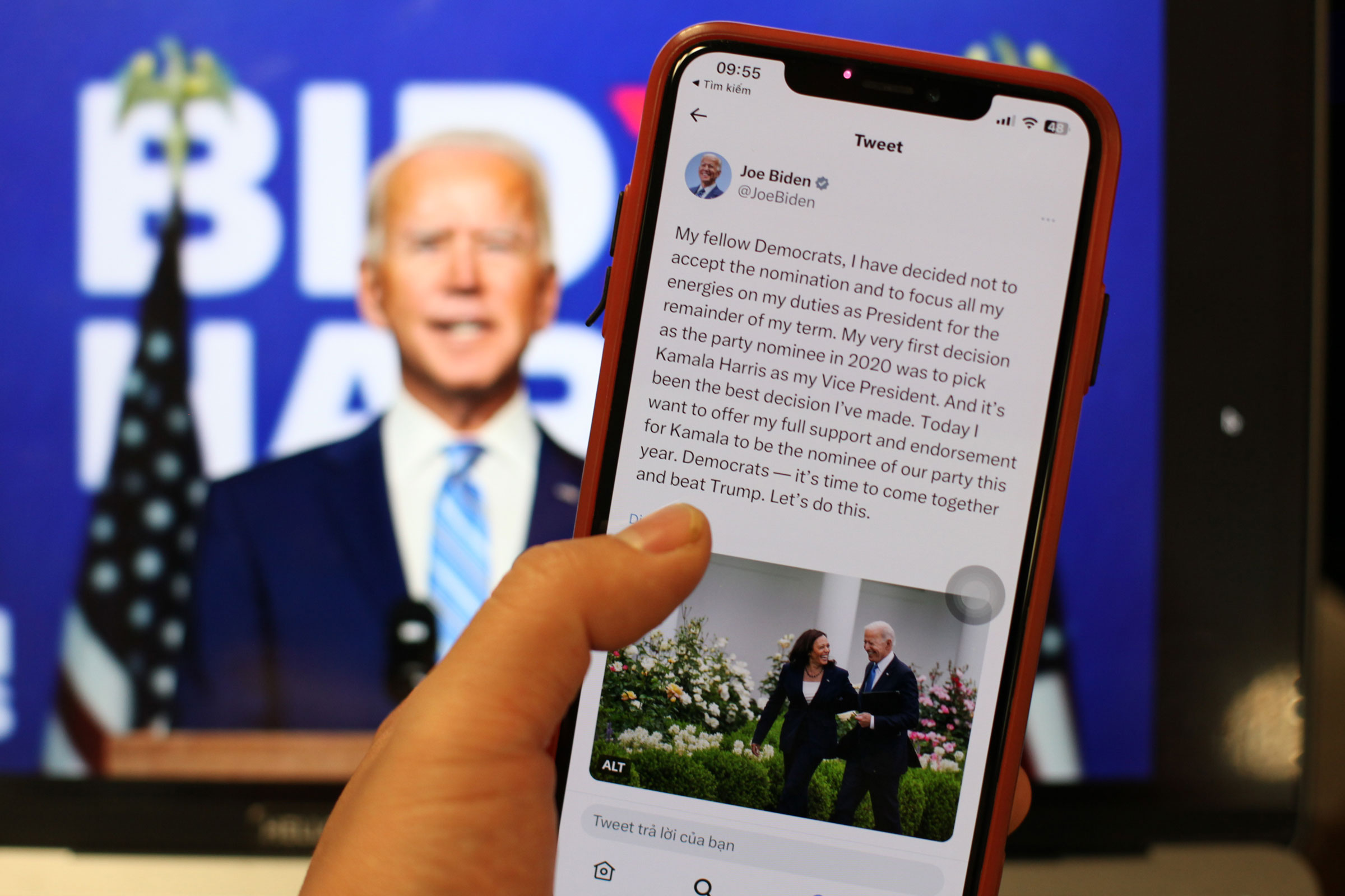 Thông báo dừng tranh cử Thổng thống Mỹ của ông Joe Biden trên mạng xã hội X hôm 22/7. Ảnh: Khương Nha