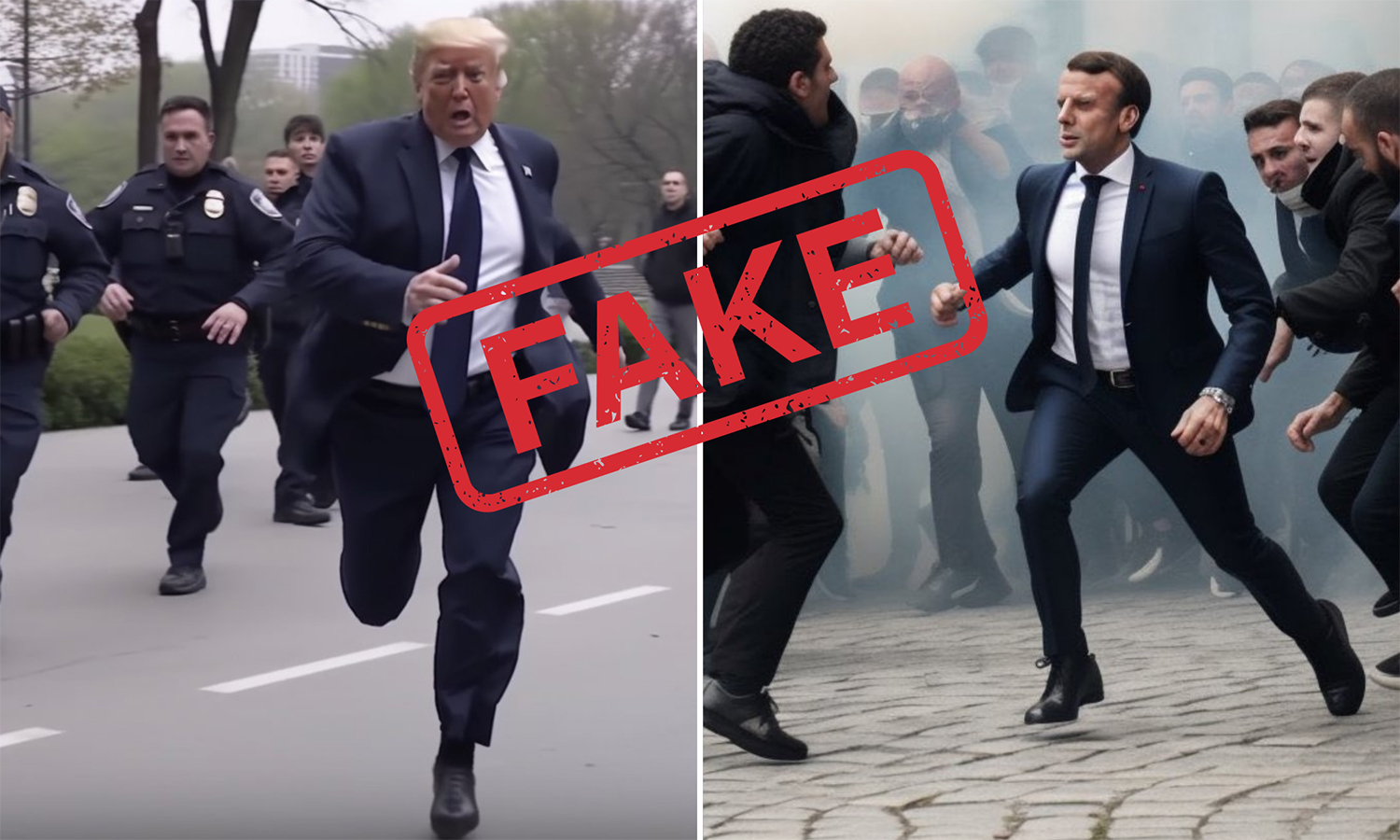 Ảnh giả mạo bằng AI về cựu tổng thống Mỹ Trump và Tổng thống Pháp Emmanuel Macron, Ảnh: Christine Vanden Byllaardt/Bloomberg