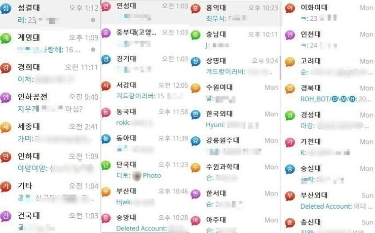 Một kênh Telegram với khoảng 1.300 thành viên, có các phòng chat riêng cho 70 trường cao đẳng và đại học trên khắp Hàn Quốc, với chữ in đậm là tên các trường đại học. Ảnh: Hankyoreh
