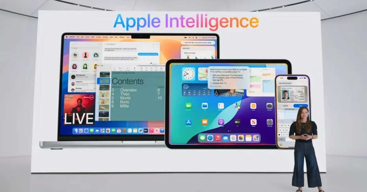 Đại diện Apple giới thiệu thiết bị tương thích với Apple Intelligence tại sự kiện WWDC 2024 đầu tháng 6. Ảnh:Apple