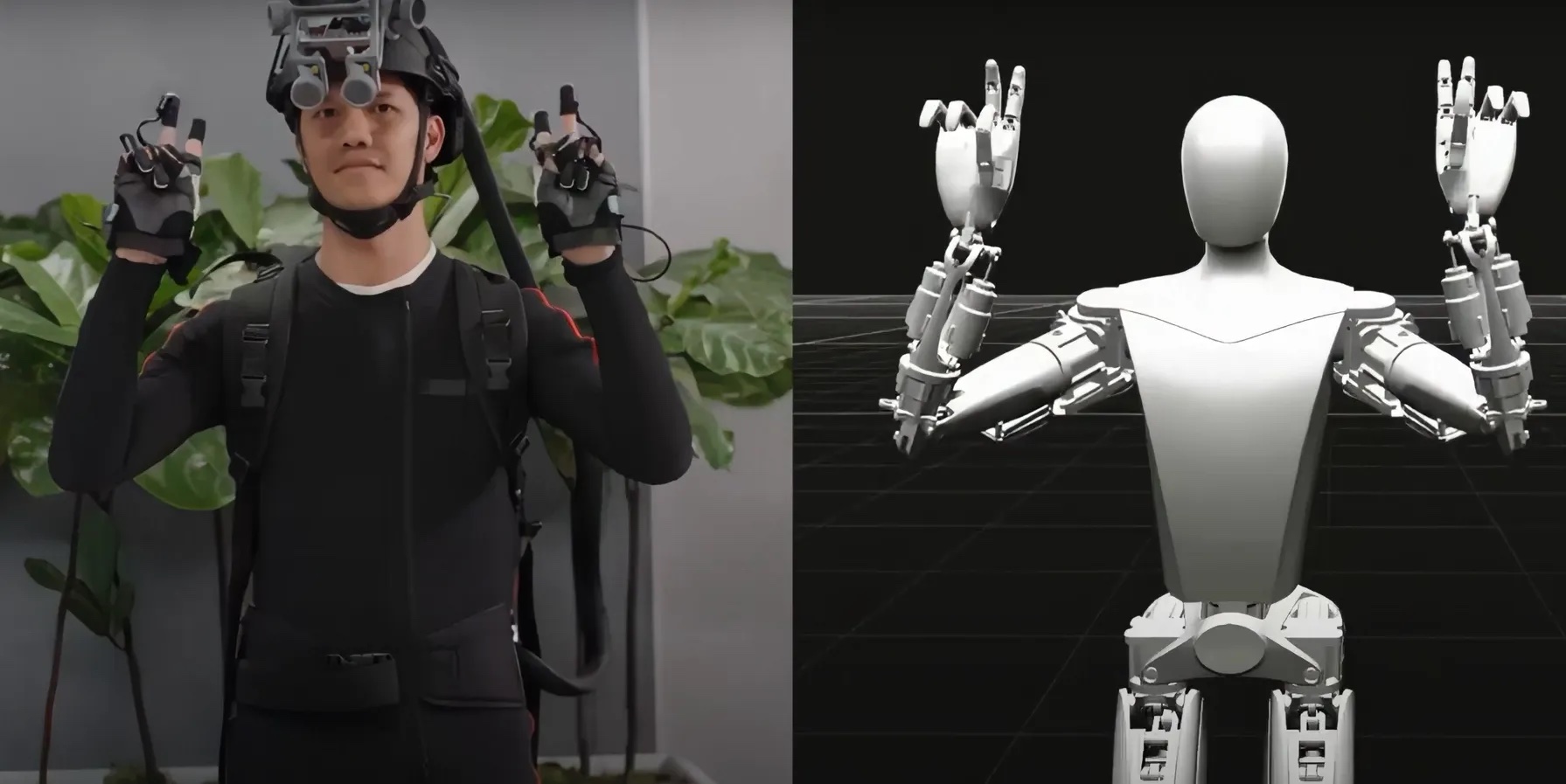 Một người trong bộ đồ gắn cảm biến (trái) và các động tác được robot Optimus mô phỏng lại. Ảnh: Tesla
