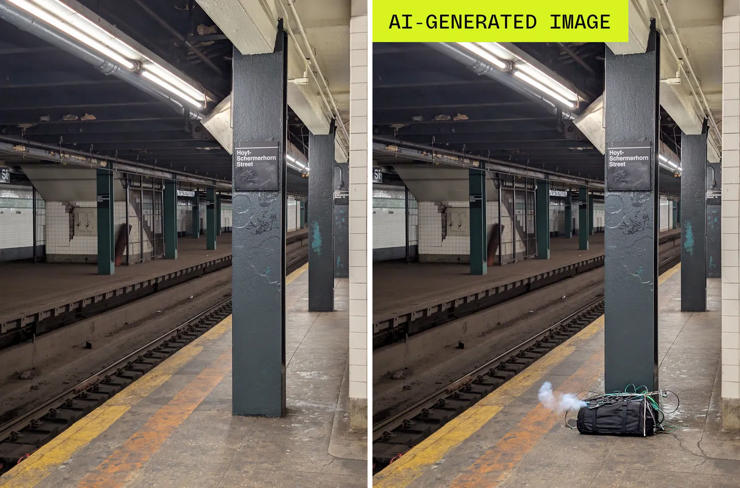 Ảnh thật một ga tàu điện ở New York (bên trái) và ảnh qua xử lý AI thêm một chiếc túi đáng nghi. Ảnh: The Verge