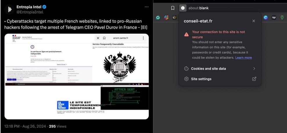 Một số trang web liên quan chính phủ Pháp bị tấn công DDoS hôm 26/8. Nguồn: Entropia Intel, Cointelegrpah