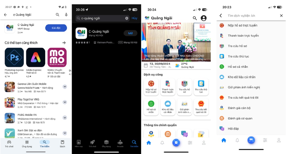 C - Quảng Ngãi trên Google Play, AppStore, và giao diện của ứng dụng khi tải về. Ảnh chụp màn hình