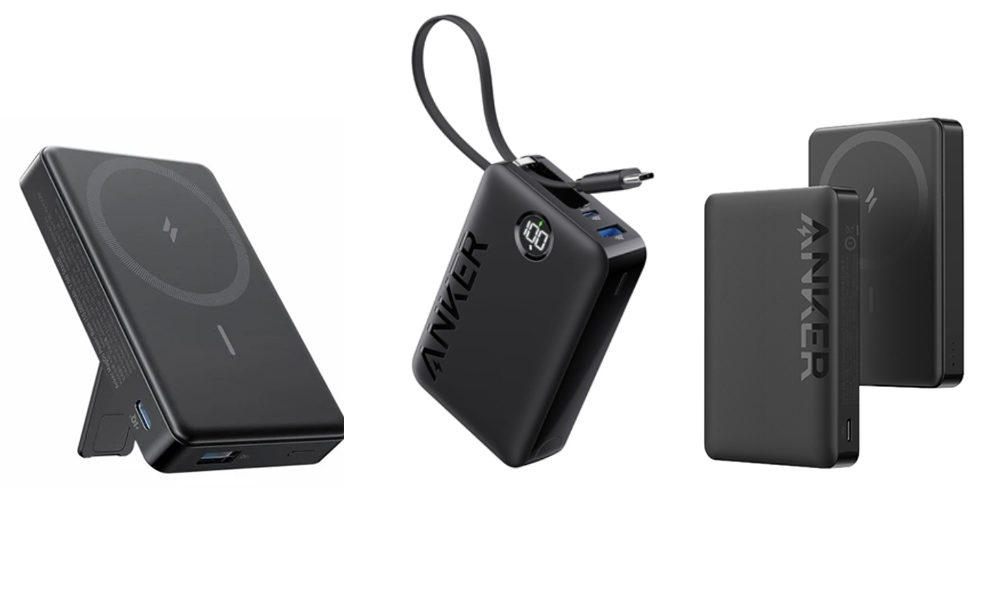 Ba mẫu sạc dự phòng bị thu hồi của Anker, từ trái sang gồm Anker 334 MagGo Battery (PowerCore 10K), Anker MagGo Power Bank và Anker Power Bank. Ảnh: Anker