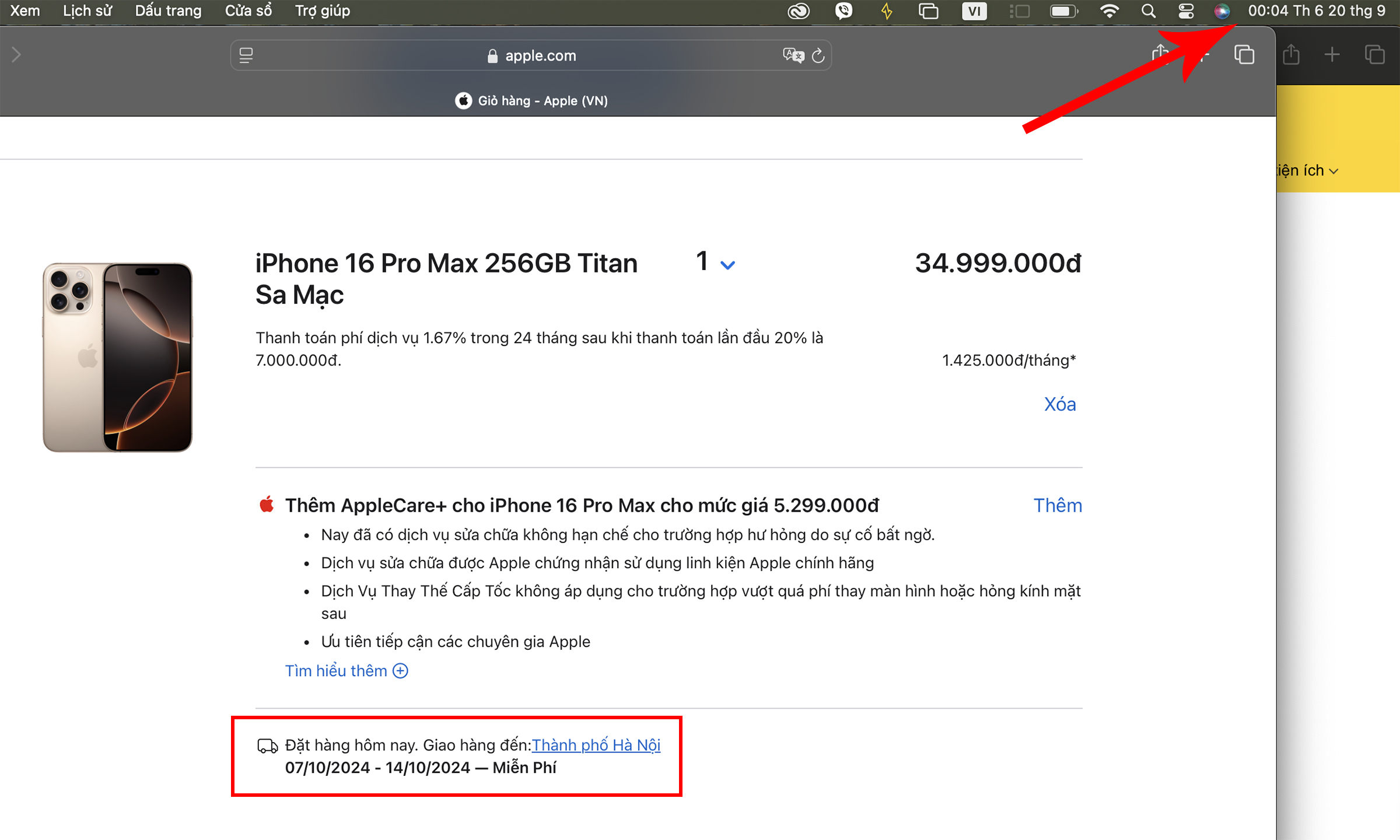Khi đặt hàng iPhone 16 Pro Max 256 GB màu titan sa mạc, lúc 0h04, giao đến quận Cầu Giấy, Hà Nội, website Apple hiển thị thời gian dự kiến vào tháng 10. Ảnh chụp màn hình