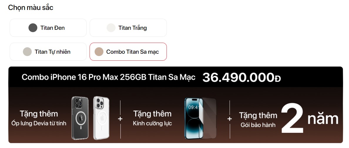 Combo iPhone 16 Pro Max titan sa mạc trên website một đại lý tại Việt Nam. Ảnh chụp màn hình
