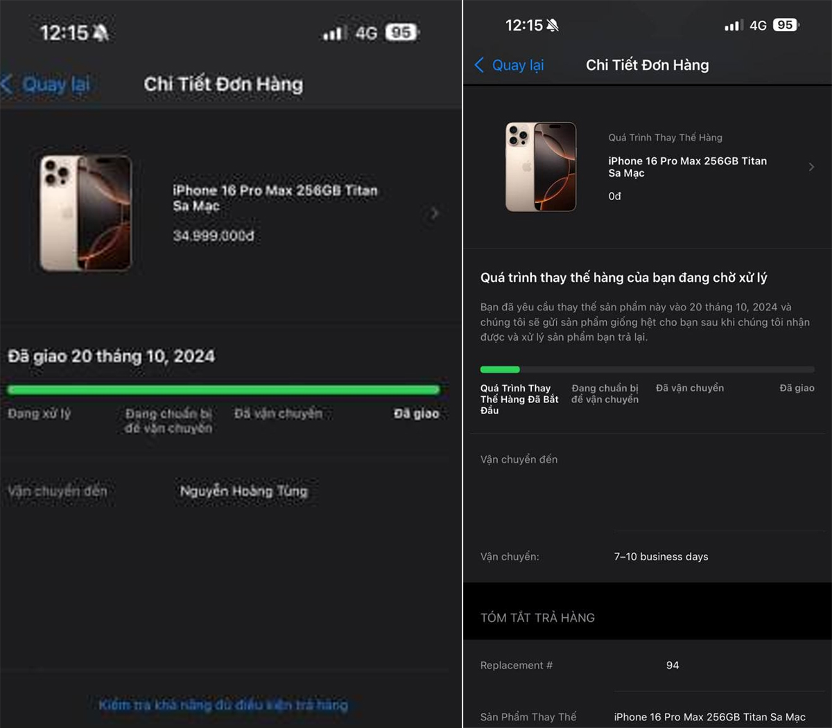 Đơn hàng iPhone 16 Pro Max báo đã nhận ngày 19/10 nhưng chỉ có hộp rỗng (bên trái) và đơn hàng gửi bù sản phẩm mới được tạo cho tài khoản anh Hoàng Tùng. Ảnh: NVCC