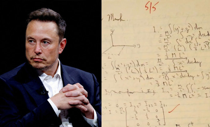 Elon Musk và một phần bài tập Vật lý của ông. Ảnh: Mashable