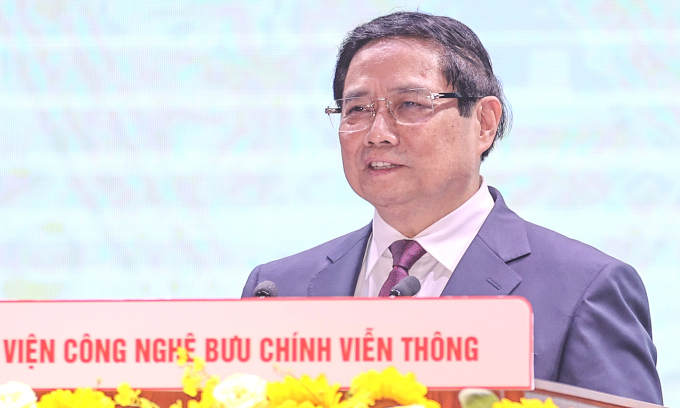 Thủ tướng Phạm Minh Chính phát biểu tại Lễ phát động Phong trào thi đua Cả nước thi đua đổi mới sáng tạo và chuyển đổi số, sáng 24/4/2025. Ảnh: Trọng Đạt
