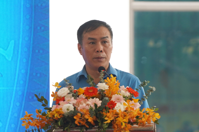 Ông Trần Vũ Hà, Phó Chủ tịch Công đoàn Khoa học và Công nghệ Việt Nam phát biểu tại Lễ phát động Tháng Công nhân, Tháng hành động về An toàn, vệ sinh lao động năm 2025 và hưởng ứng phong trào Cả nước thi đua đổi mới sáng tạo và chuyển đổi số, ngày 9/5/2025. Ảnh: Lưu Quý