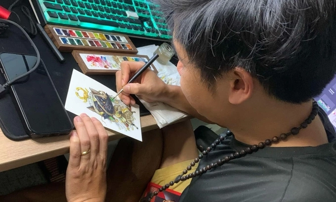 Nguyễn Khánh Duy đang vẽ tay hoàn thiện một tác phẩm. Ảnh: Facebook Duy Nguyễn
