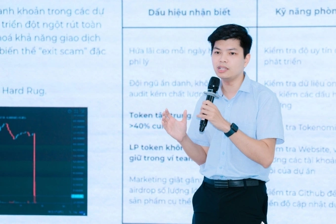 Giám đốc Công nghệ Nippy Labs Phạm Gia Khánh chia sẻ tại hội thảo do 1Matrix cùng Hiệp hội Blockchain và Tài sản số Việt Nam tổ chức. Ảnh: Đỗ Hà