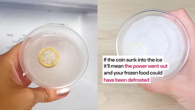 Đồng xu chìm xuống nước (phải) chứng tủ lạnh mất điện và thực phẩm đang nguy hiểm. Ảnh: Idealhome