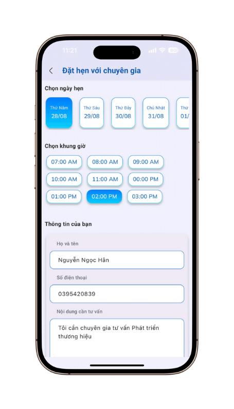 Giao diện đặt hẹn với chuyên gia tư vấn giải pháp nâng cao năng lực cạnh tranh cho SMEs dệt may. Ảnh: SMECA
