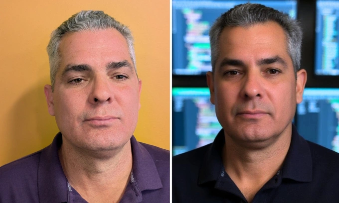 Kỹ sư phần mềm Joelin sử dụng công nghệ AI của PhotoPacksAI để chuyển một bức ảnh đời thường (trái) thành ảnh chân dung chuyên nghiệp (phải). Ảnh: PhotoPacks.AI/EZ Newswire