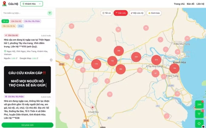 Lời kêu cứu của người dân vùng lũ Khánh Hòa được chia sẻ trên bản đồ thông tin cứu hộ. Ảnh: Chụp màn hình