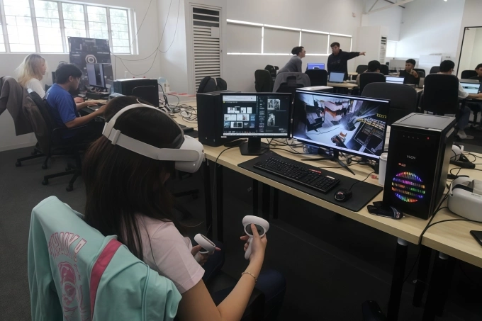 Khi robot làm rơi đồ, các nhân viên tại Astro Robotics sẽ dùng thiết bị thực tế ảo (VR) để giúp robot nhặt lại. Ảnh: Michael Beltran/Rest of World